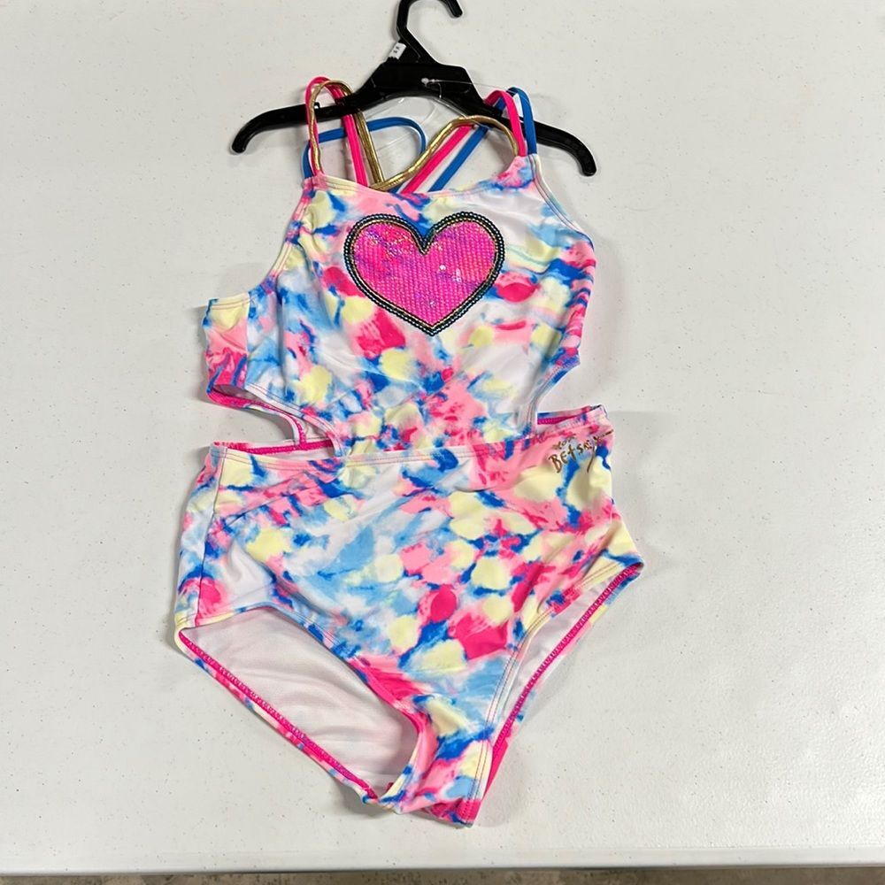 Girl’s Betsey Johnson swim suit sz XL 14 - Pink, Blue, Yellow, White w/Heart - Picture 1 of 4